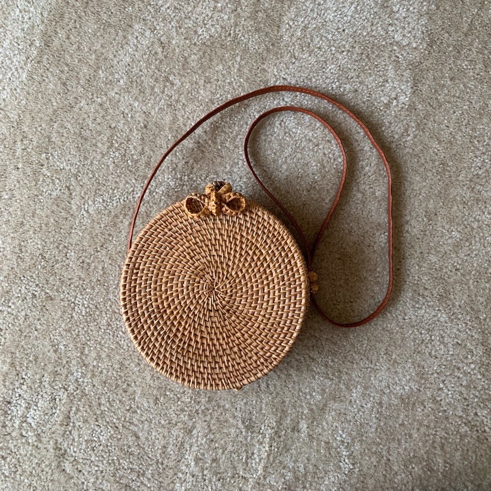 Hand Woven Straw and Vegan Leather Crossbody